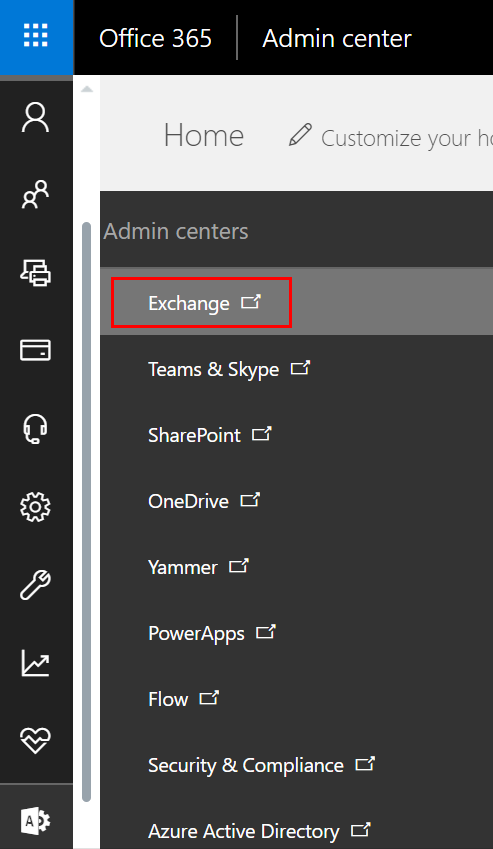 Menu of Office 365.