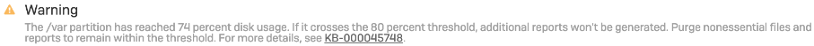 Reports disk usage warning.