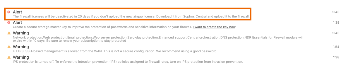 Airgap license sync reminder alert.