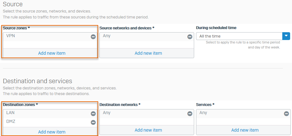 Source and destination zones in the firewall rule.