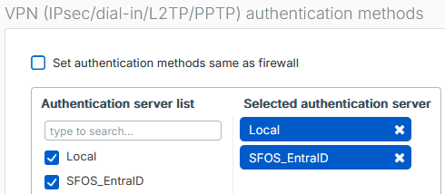 Authentication server set to local and Microsoft Entra ID in VPN authentication methods.