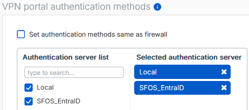 Authentication server set to local and Microsoft Entra ID in VPN portal authentication methods.