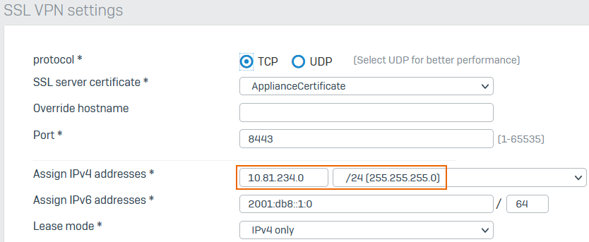 Subnet to assign IP addresses to remote access SSL VPN users.